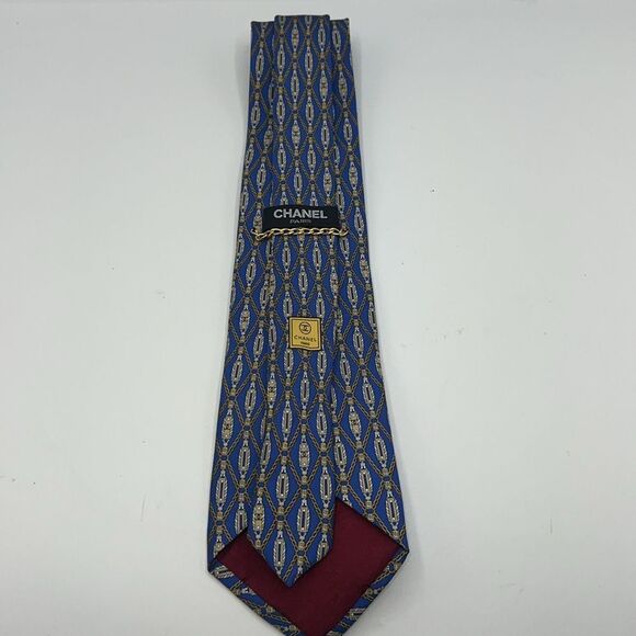 CHANEL Royal Blue and Yellow Chain Pattern CC Logo Silk Necktie - Picture 5 of 9